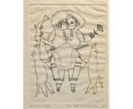Inuit Art, Ashoona Pitseolak (Cape Dorset, Canada 1904-1983), Woman &amp; Dogs, limited edition print 29/50, signed and dated
