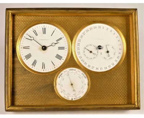 Elkington &amp; Co, Liverpool, a gilt brass mounted triple dial desk compendium, 6cm clock with Roman numerals,, 6cm day/date