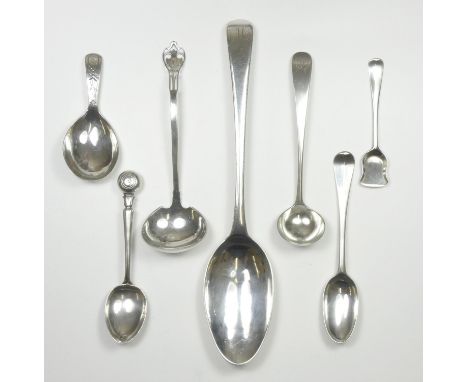 A George III silver bottom marked table spoon, by Thomas Chawner, London 1774, a bottom marked rat tail tea spoon, a similar 