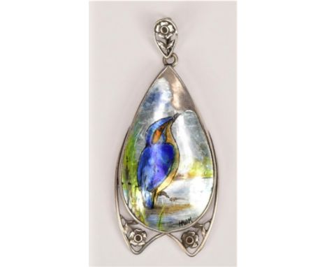 H. W. De Koningh; a silver and enamel pear shape Kingfisher pendant, C. 1910, delicately painted with a kingfisher with iride