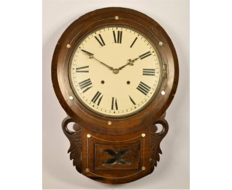 A Victorian rosewood drop dial wall clock, the 11" white enamel dial with Roman numerals, the case with mother of pearl inser