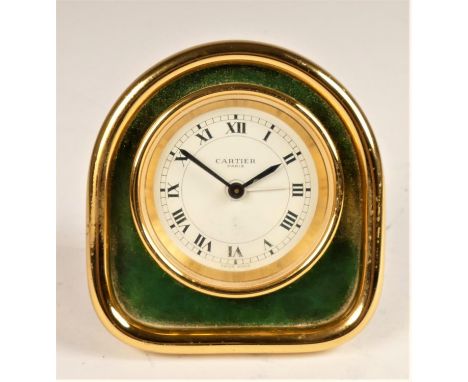 Cartier, Paris, a brass and green enamel 7504 travel alarm clock, c.1990, the white enamel dial with Roman numerals, the back