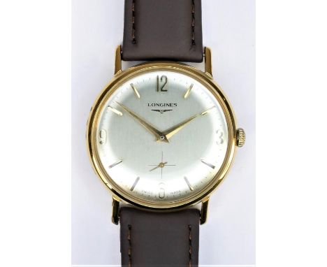 Longines, a manual wind gold plated gentleman's wristwatch, c.1962, the off white dial with 12, 3, 6 and 9 markers, subsidiar