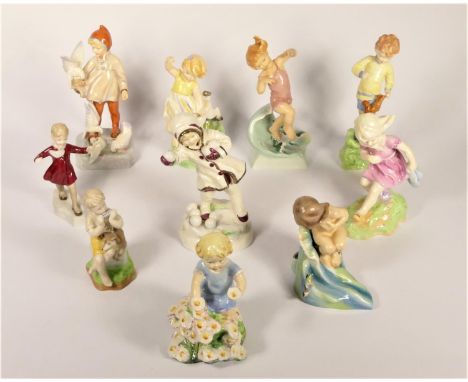 Ten Royal Worcester Months of the Year figurines, modelled by F.G. Doughty, to include January, March, 3454, April, 3416, May