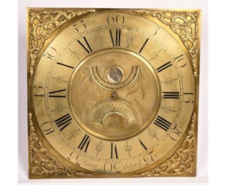 George Eubank, a George III 12" brass square dial 30 hour longcase clock dial and movement, with a ?Penny Moon? and recessed 