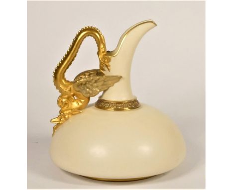 A late Victorian Royal Worcester Aesthetic period porcelain ewer, the hemispherical blush ivory body beneath a gilt dragon ha