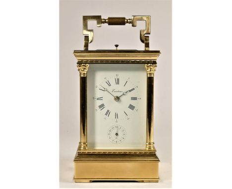 Eurotime, a French brass alarm and repeating carriage clock, the white enamel dial with Roman numerals and subsidiary alarm d