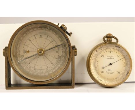 Tycos, Short &amp; Mason, London, a brass pocket barometer, compensated for temperature, 45mm and a brass compass in frame (2