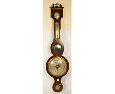 M. Barnasconi, Leeds, 19th century mahogany five dial mercury wheel barometer, with hygrometer, thermometer, convex mirror, m