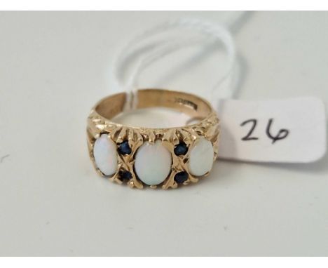 A Three Stone Opal Carved Half Hoop Ring With Sapphires Set Between The Opals 9Ct Size K