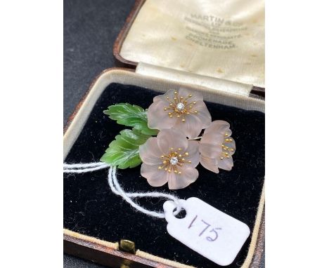 A Frosted Rock Crystal And Jade Brooch In The Form Of A Flower And Leaves With Two Diamonds Set In 18Ct Gold