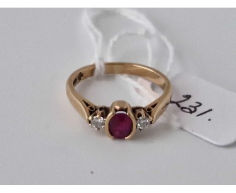 A Three Stone Ruby And Diamond Ring 9Ct Size M 2.5 Gms