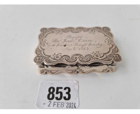 An Early Victorian Snuff Box With Gilt Interior, Engraved Decoration, 2.75 Inches Wide, Birmingham 1862 By Gu