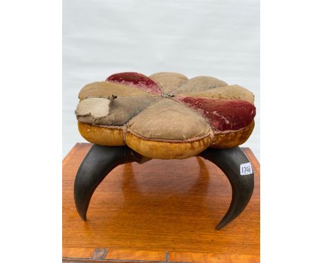 Unusual Shaped Circular Stool On Cow Horn Legs 17" Diam