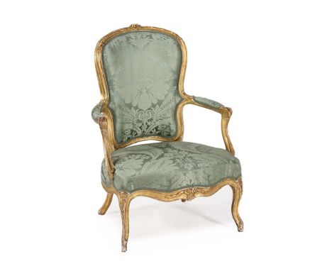 A LOUIS XVI GILTWOOD ARMCHAIR CIRCA 1780Upholstered in light green damask fabric97cm high Condition Report: Chair with marks,