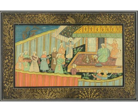 A PAIR OF INDIAN PAINTINGSEARLY 20TH CENTURYEach with figures in an exterior sceneLater mounted, framed and glazed42 x 58cm o
