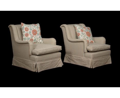 A PAIR OF MAHOGANY AND UPHOLSTERED ARMCHAIRSOF RECENT MANUFACTUREAfter the manner of Howard & SonsEach 89cm high, 70cm wide, 