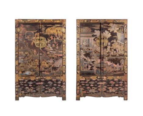 A PAIR OF CHINESE LACQUERED CABINETSEARLY 20TH CENTURYThe exteriors decorated with figures in exterior scenes above a frieze 