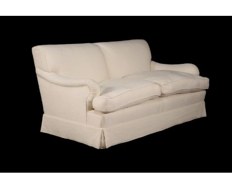 A PAIR OF SOFAS IN HOWARD STYLEOF RECENT MANUFACTUREEach upholstered in an off-white woven fabric, the square tapering legs w