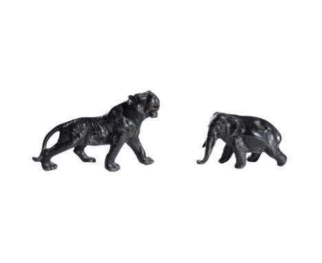 TWO PATINATED METAL MODELS OF A TIGER AND AN ELEPHANTProbably Japanese13cm and 9cm long respectively Condition Report: These 