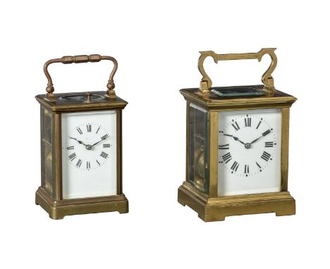 TWO FRENCH CARRIAGE TIMEPIECESVARIOUSLY LATE 19TH OR EARLY 20TH CENTURY Comprising; an R & Co carriage clock, 13.5cm high (ex