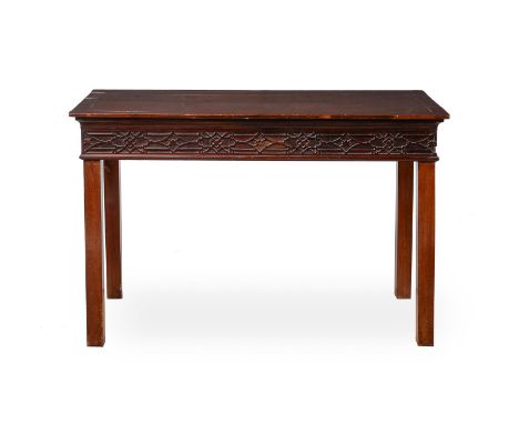 A MAHOGANY SERVING TABLE OR SIDE TABLE IN GEORGE III STYLE, IN THE MANNER OF THOMAS CHIPPENDALE, 19TH CENTURY With blind fret