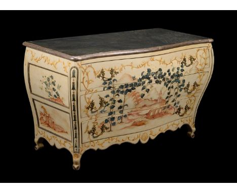 A FRENCH CREAM AND POLYCHROME PAINTED COMMODE IN LOUIS XV STYLEOF RECENT MANUFACTUREOf bombe outline, the top painted to simu
