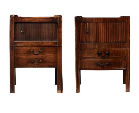 A GEORGE III MAHOGANY AND LINE INLAID BEDSIDE COMMODE CIRCA 1780With tambour door above two drawers79cm high, 56cm wide, 51cm