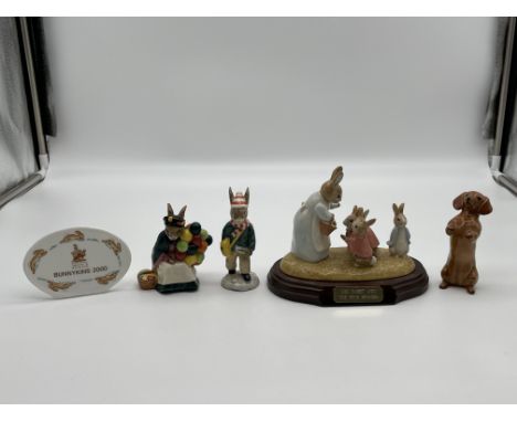 Royal Doulton Bunnykins 2000 Signed Plaque, Old Balloon Seller Bunnykins, Paperboy Bunnykins, Beswick Ware Mrs. Rabbit and Th