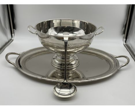 Silver Plated Punch Bowl, Ladle and Large Tray.  