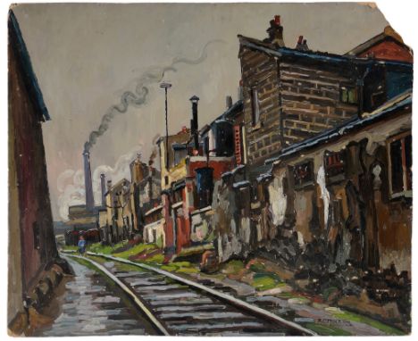 R* Chambon An industrial scene with a railway line running along the back of a terrace of houses, signed; indistinctly inscri