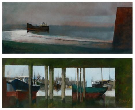 M * J* Praed "Fish Market:Verticals" and "Stern sweep coaster, leaving Newlyn", signed and dated '74, inscribed verso, oil on