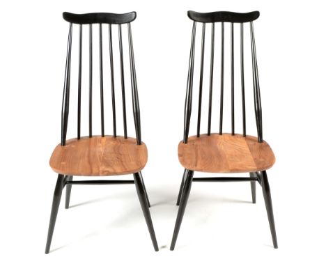 Ercol: two 'Goldsmith's' dining chairs , shape no 369, refurbished to blonde and black. (2)