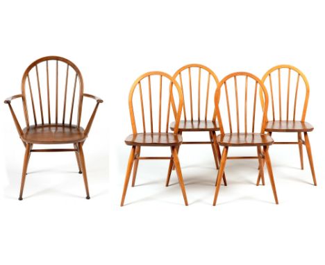 Ercol: a set of four elm Windsor chairs and one carver , with hooped top-rails and spindle backs above a solid elm seat and r