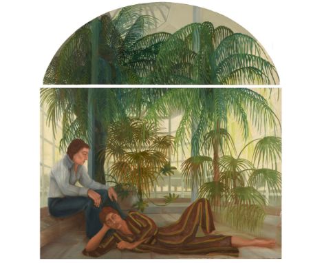 20th Century British School A double portrait of two men in a conservatory, oil on arched-top jointed canvas, 227 x 215cms ov