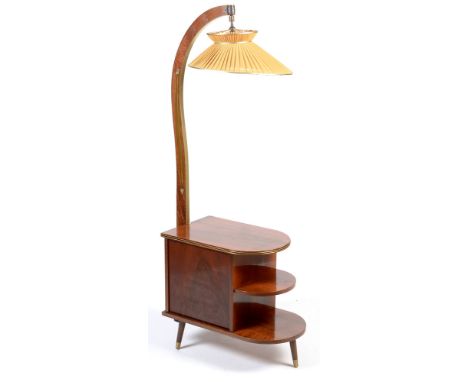 Wilhelm Krechlok Kg: a 1950's Art Deco style walnut and brass cocktail cabinet lamp , with curved upright, above a three-tier
