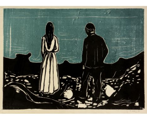 After Edvard Munch "The Lonely Ones", with facsimile signature, colour offset lithograph, limited edition facsimile authorise