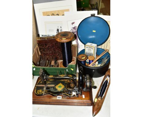 SEWING ACCESSORIES ETC, to include a Varley &amp; Wolfenden Family sewing machine, box of seven reels of W&amp;J Knox linen t