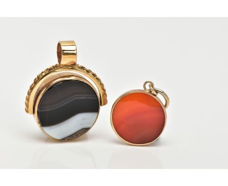TWO GEM SET PENDANTS, a yellow metal swivel fob set with bloodstone one side and banded agate on the reverse, approximate dia