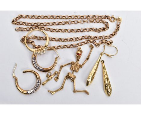 AN ASSORTMENT OF 9CT GOLD AND YELLOW METAL JEWELLERY, a 9ct gold AF belcher chain, approximate length 460mm, hallmarked 9ct g