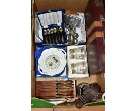 A BOX OF CERAMICS, GLASS, METALWARES AND SUNDRY ITEMS, to include a leather cased Backgammon set, a pair of vintage boxed P&a