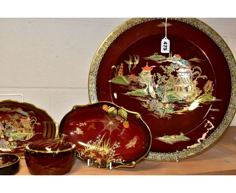 EIGHT PIECES OF CARLTON WARE ROUGE ROYALE, comprising a New Mikado pattern ginger jar and cover, height 16cm, a small circula