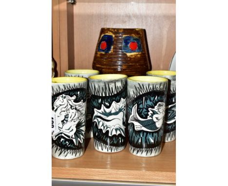 A SET OF FIVE MID 20TH CENTURY LOUMICK QUIMPER WATER BEAKERS, decorated with Poseidon, sea shell, sea serpent, merboy and fis