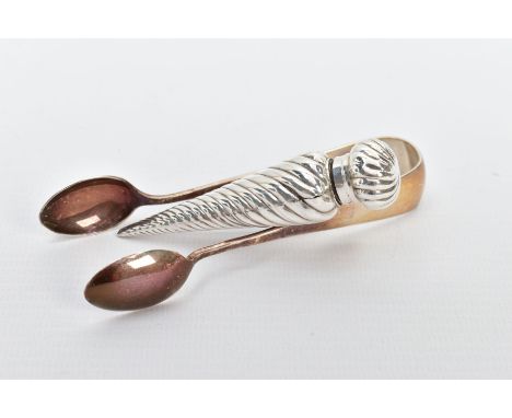 A VICTORIAN SILVER SCENT BOTTLE AND A PAIR OF SILVER SUGAR TONGS, the scent bottle of a spiral tapered design, fitted with a 