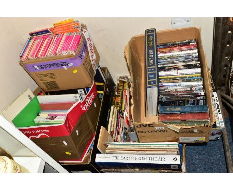 SIX BOXES OF BOOKS, DVDS, RECORDS AND MAPS, to include approximately sixty books with titles to include biography, history, t