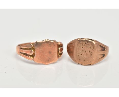 TWO 9CT GOLD SIGNET RINGS, a rose gold shield shaped signet ring with tapered shoulders, approximate shield height 13mm, ring