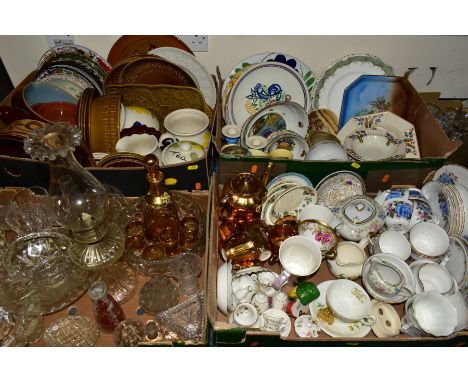 FIVE BOXES OF CERAMICS AND GLASSWARES, to include a fifteen piece Wade gold lustre coffee set, six Royal Doulton Fontaineblea