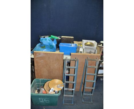 A COLLECTION OF TOOLS AND HOUSEHOLD ELECTRICALS including a pair of car ramps, two pasting tables, a Haden compact mixer, a s