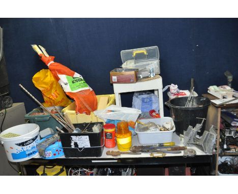 SEVEN TUBS CONTAINING TOOLS AND HARDWARE including SDS, masonry and HSS drill bits, Record bolt croppers, Record Stilson's, l