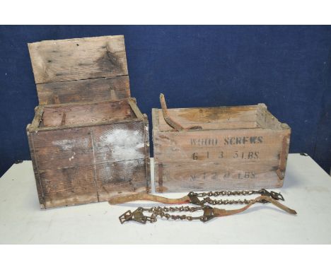 TWO VINTAGE WOODEN STORAGE BOXES containing eight vintage snow chains